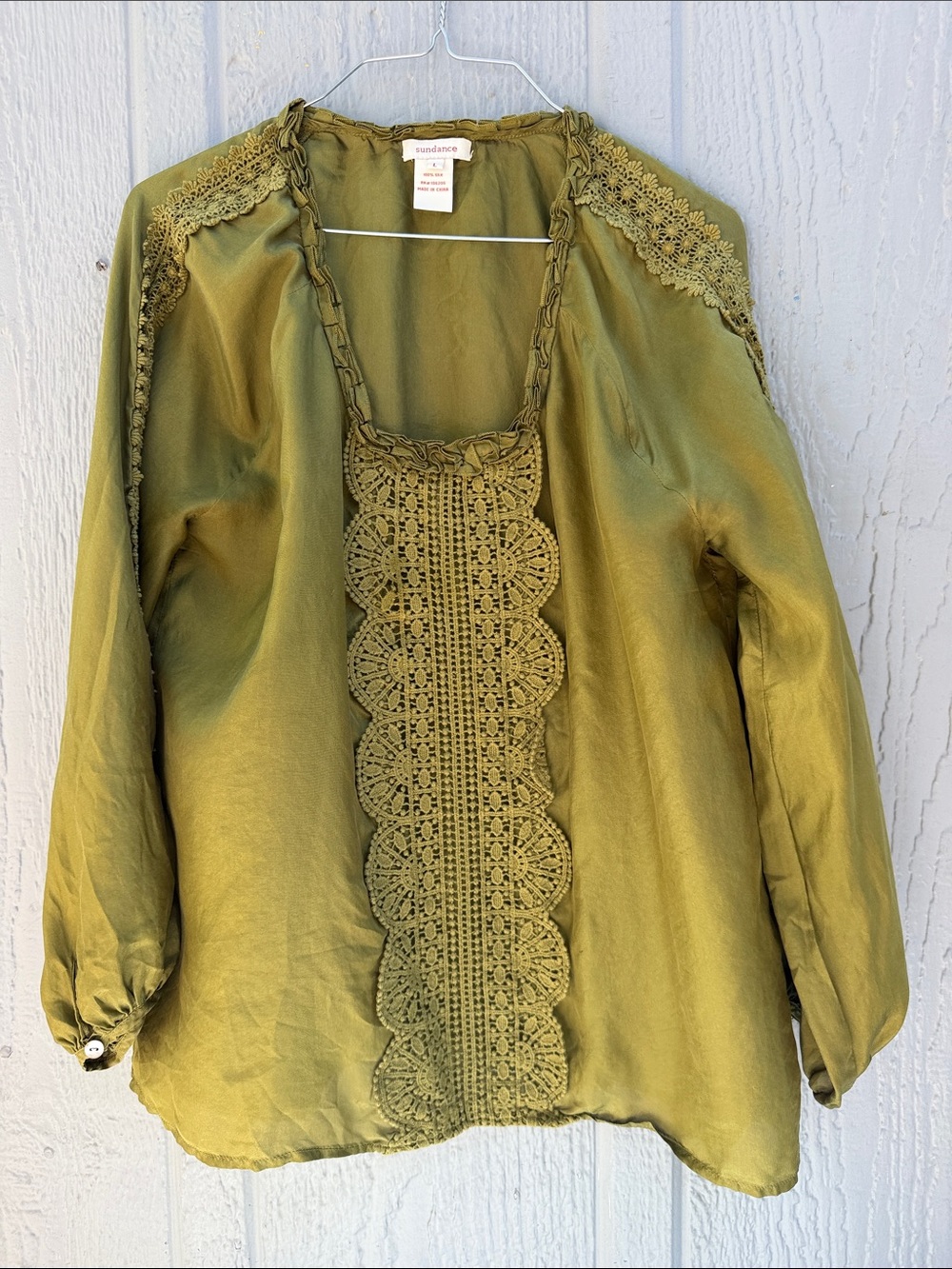 Sundance 100% Silk  Olive Green Crochet-Front Peasant Blouse Size: L
